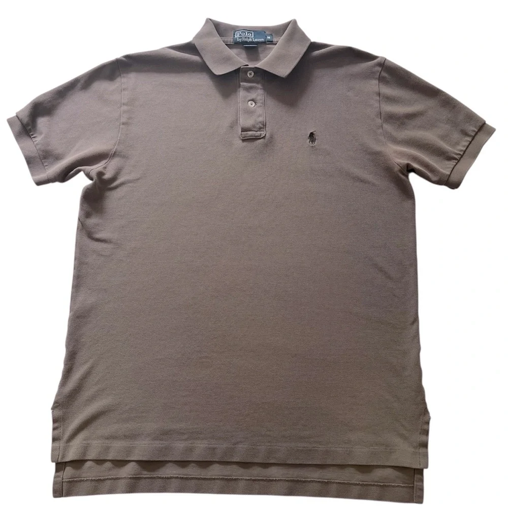 Chamois Tan Collared Button Up Polo by Ralph Lauren with a Black Pony. Size=M